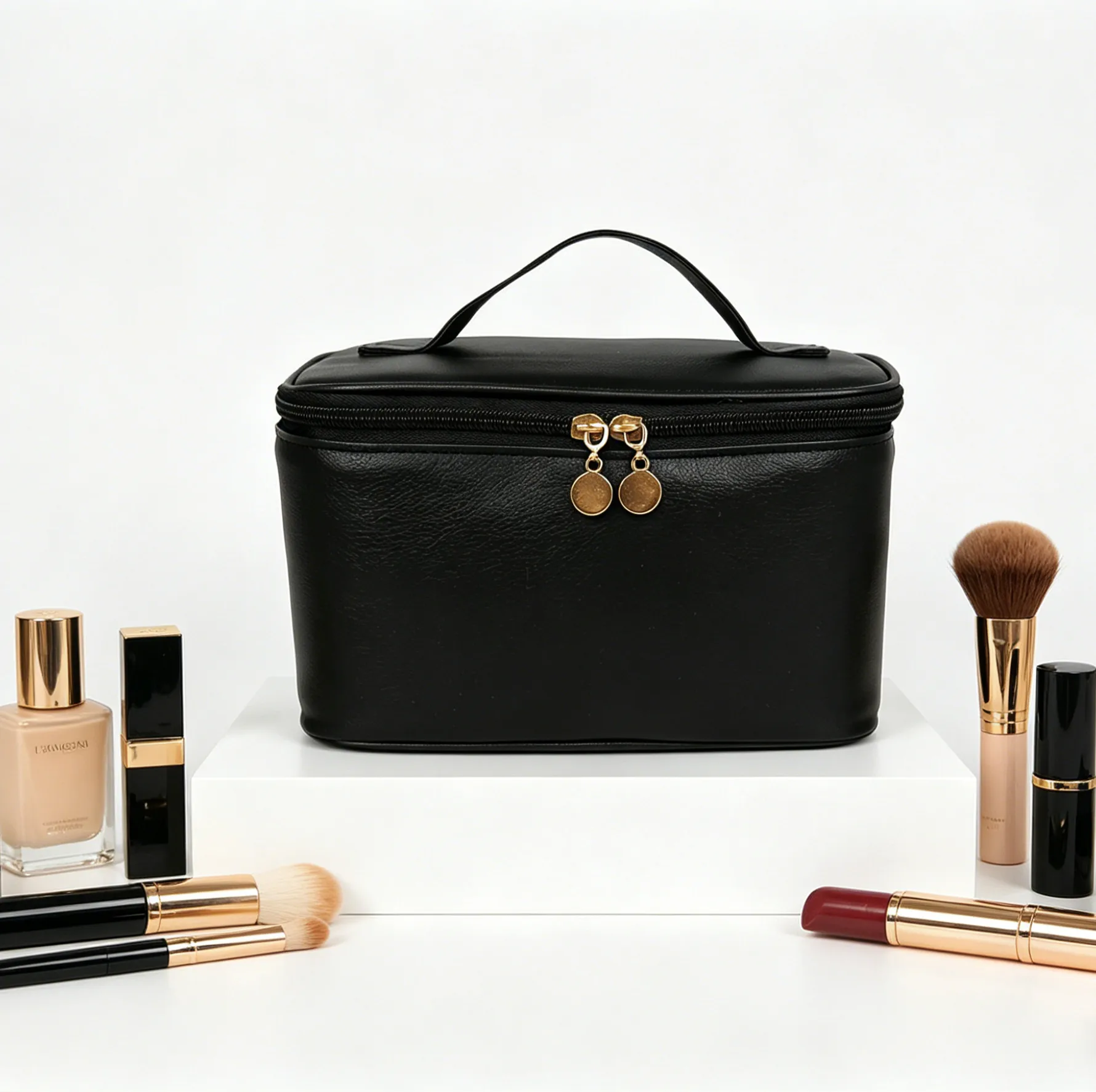 Unisex Solid Color PU Leather Cosmetic Bag with Top Handle, Water Resistant Design