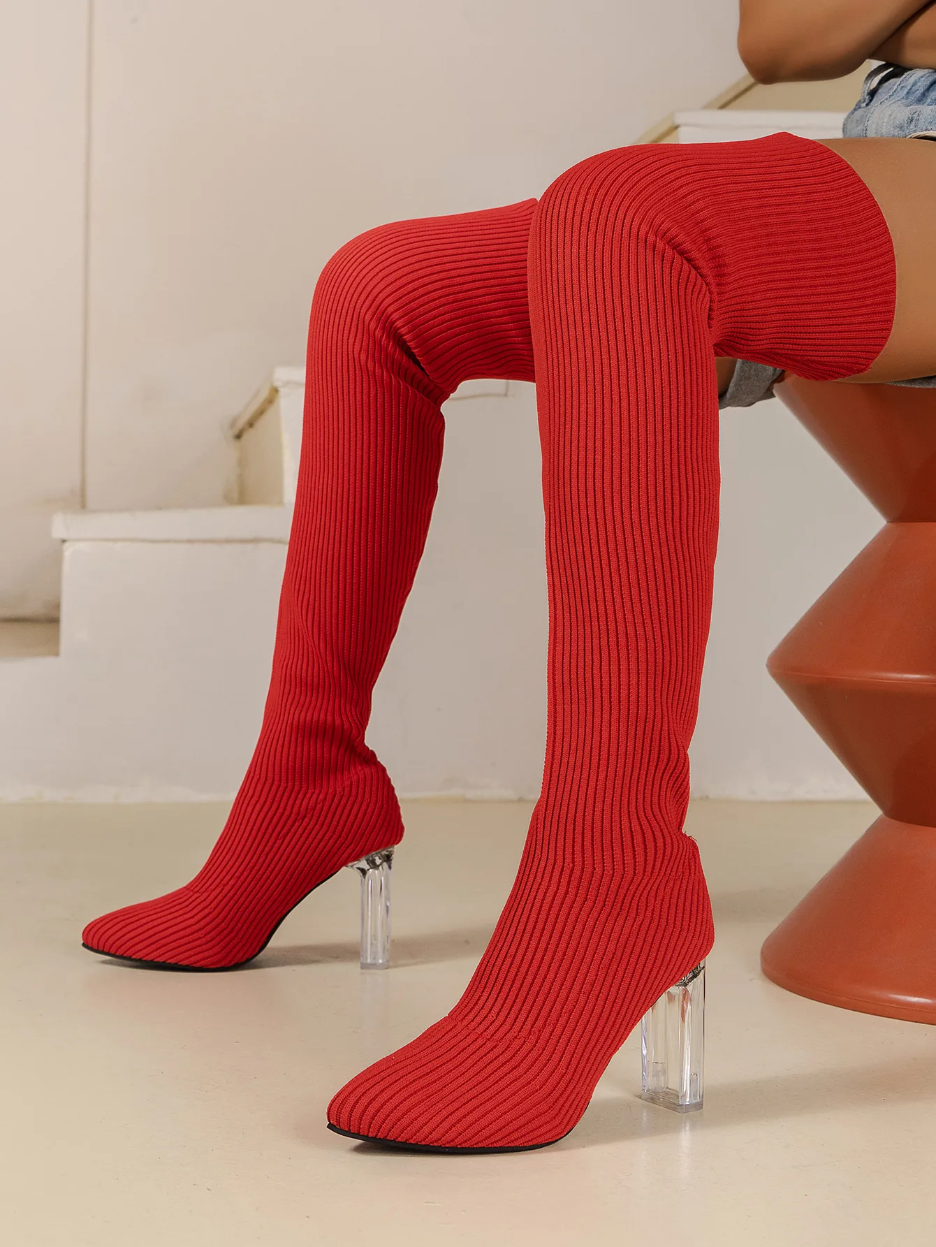 Women Solid Color Sock Boots with Wool Yarn Upper, Rubber Sole, and Chunky Heel Featuring Cotton Fabric Lining