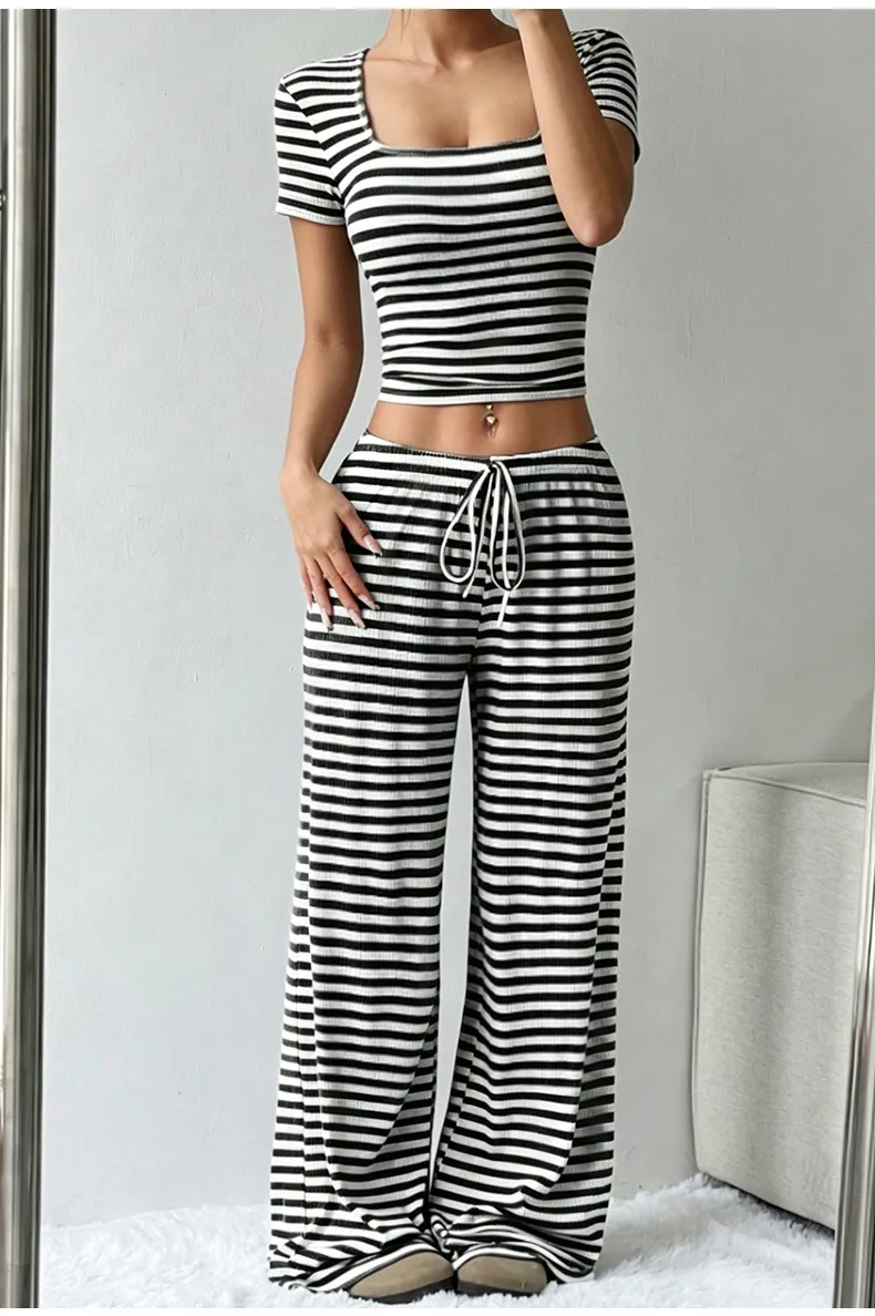 Women’s Casual Stripe Milk Fiber Pajamas with Printing and Dyeing, Perfect for Spring
