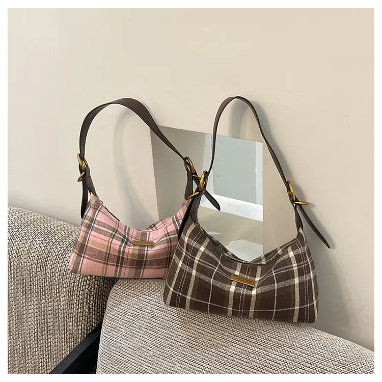 Women’s Polyester Underarm Bag featuring Lattice Pattern and Sewing Thread Design, Bucket Shape for Autumn