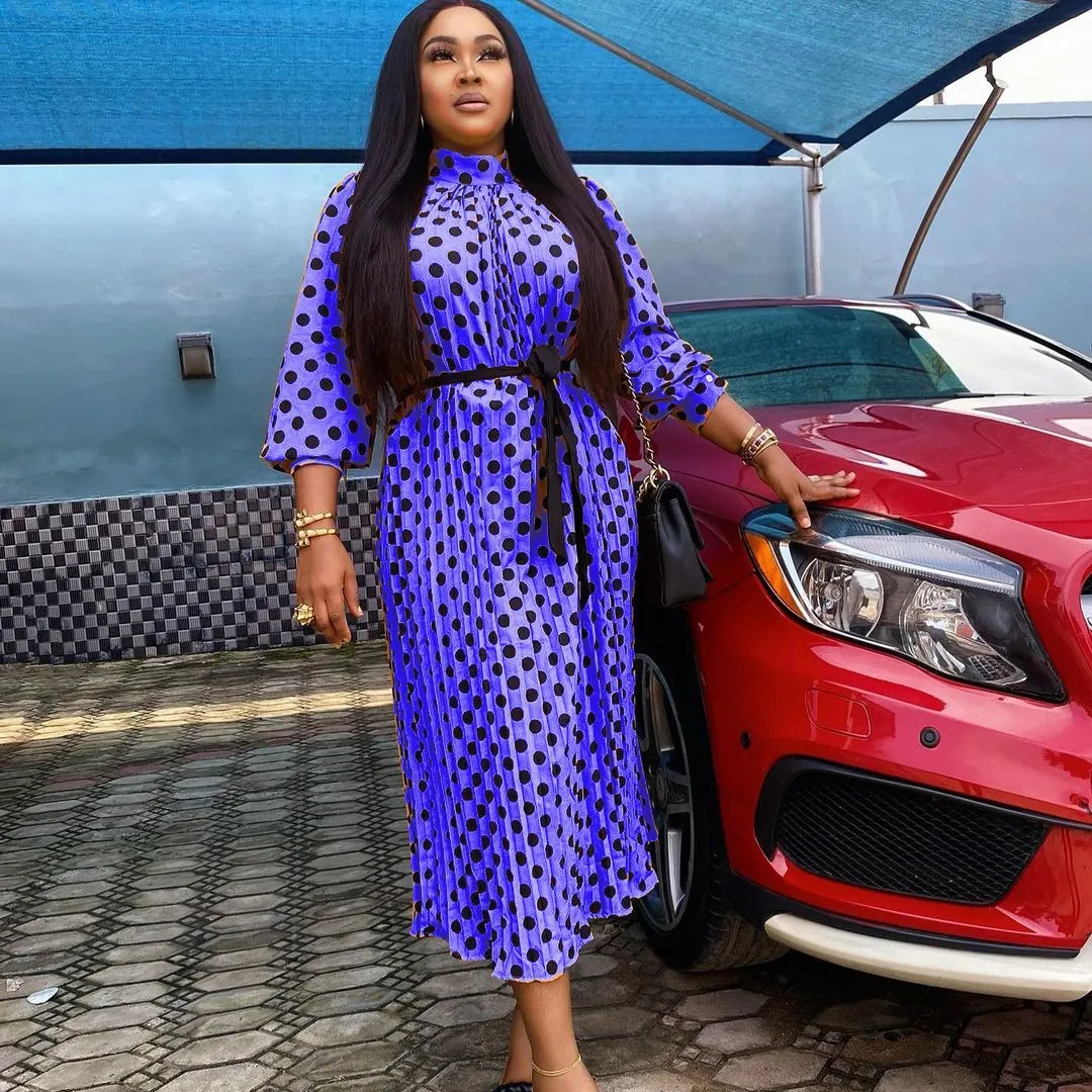 Round Dots Polka Dot Dress with Standing Collar and Long Sleeves in Knitted Fabric Maxi Long Dress for Daily Wear