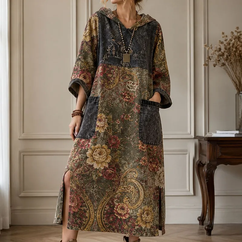 Vintage Style Denim Dress with Long Sleeve and Round Neck, Polyester Maxi Long Dress for Daily Wear