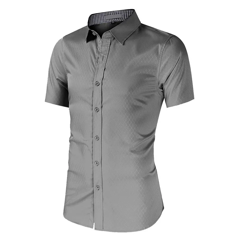 Plaid Business Short Sleeve Men's Shirt in Polyester Fabric with Lapel Collar and Placket