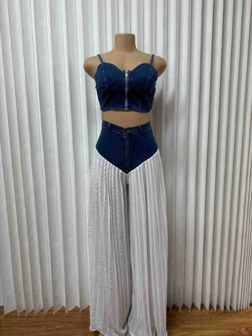 Women's Sleeveless Pleated Contrast Collar Leisure Suit