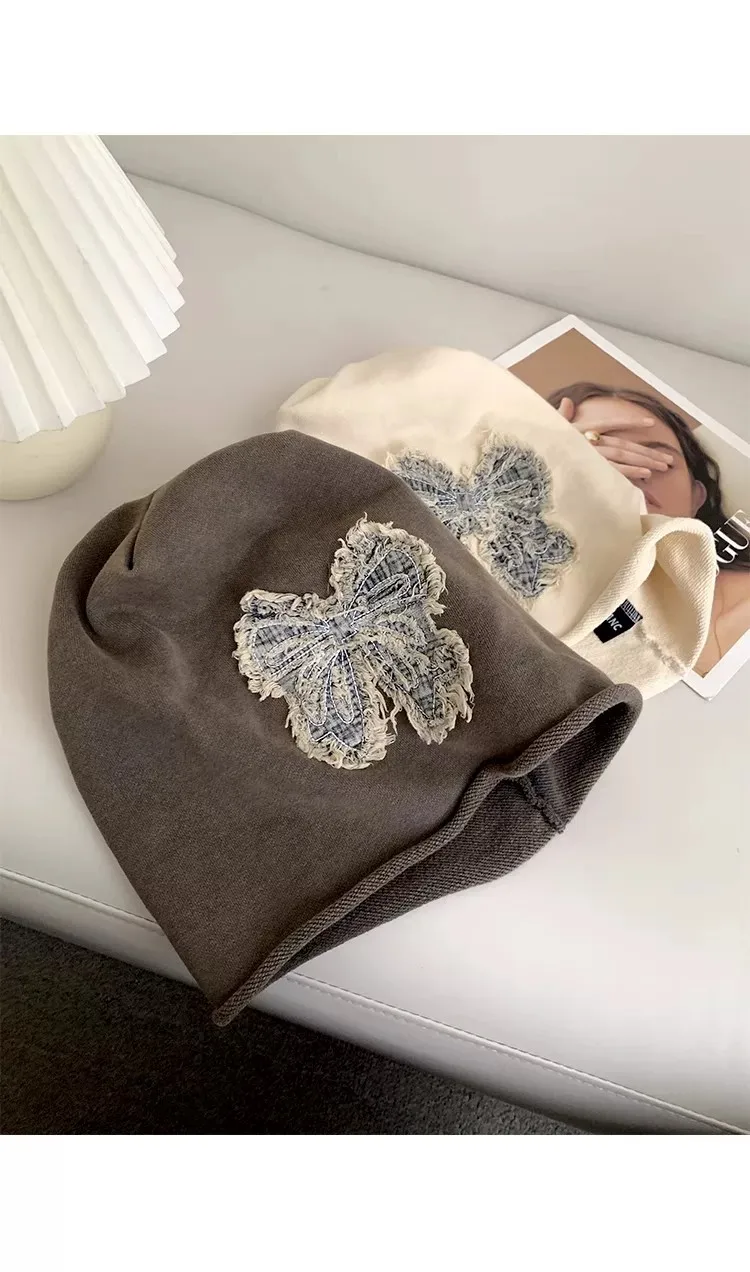 Retro Butterfly Breathable Brimless Beanie Hat for Women in Polyester with Appliques