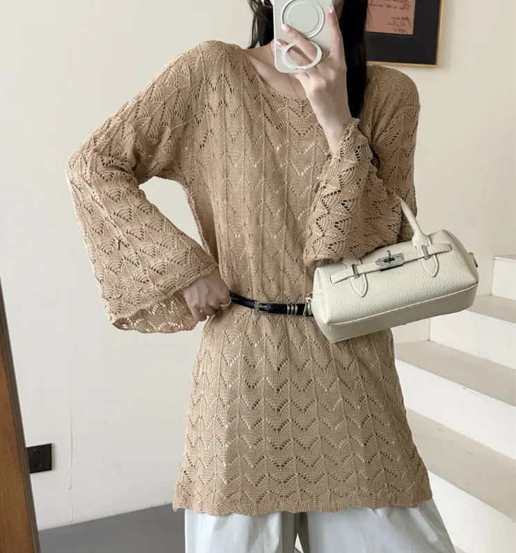 Elegant Long Sleeve Knit Pullover for Women Featuring Hollow Out Craft with Round Neck