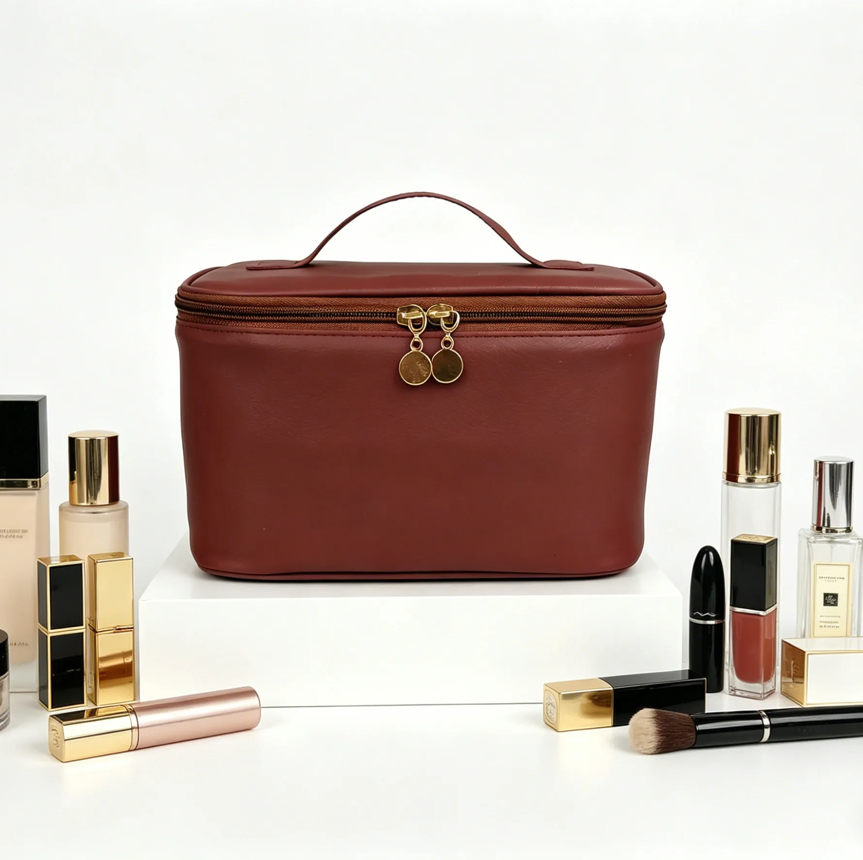 Unisex Solid Color PU Leather Cosmetic Bag with Top Handle, Water Resistant Design