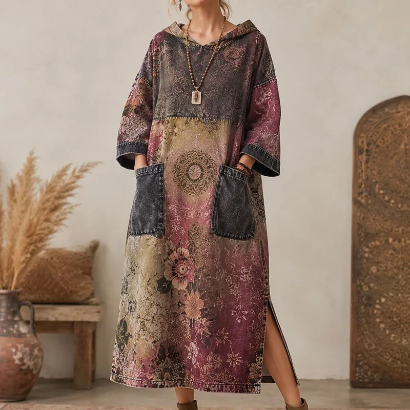 Vintage Style Denim Dress with Long Sleeve and Round Neck, Polyester Maxi Long Dress for Daily Wear
