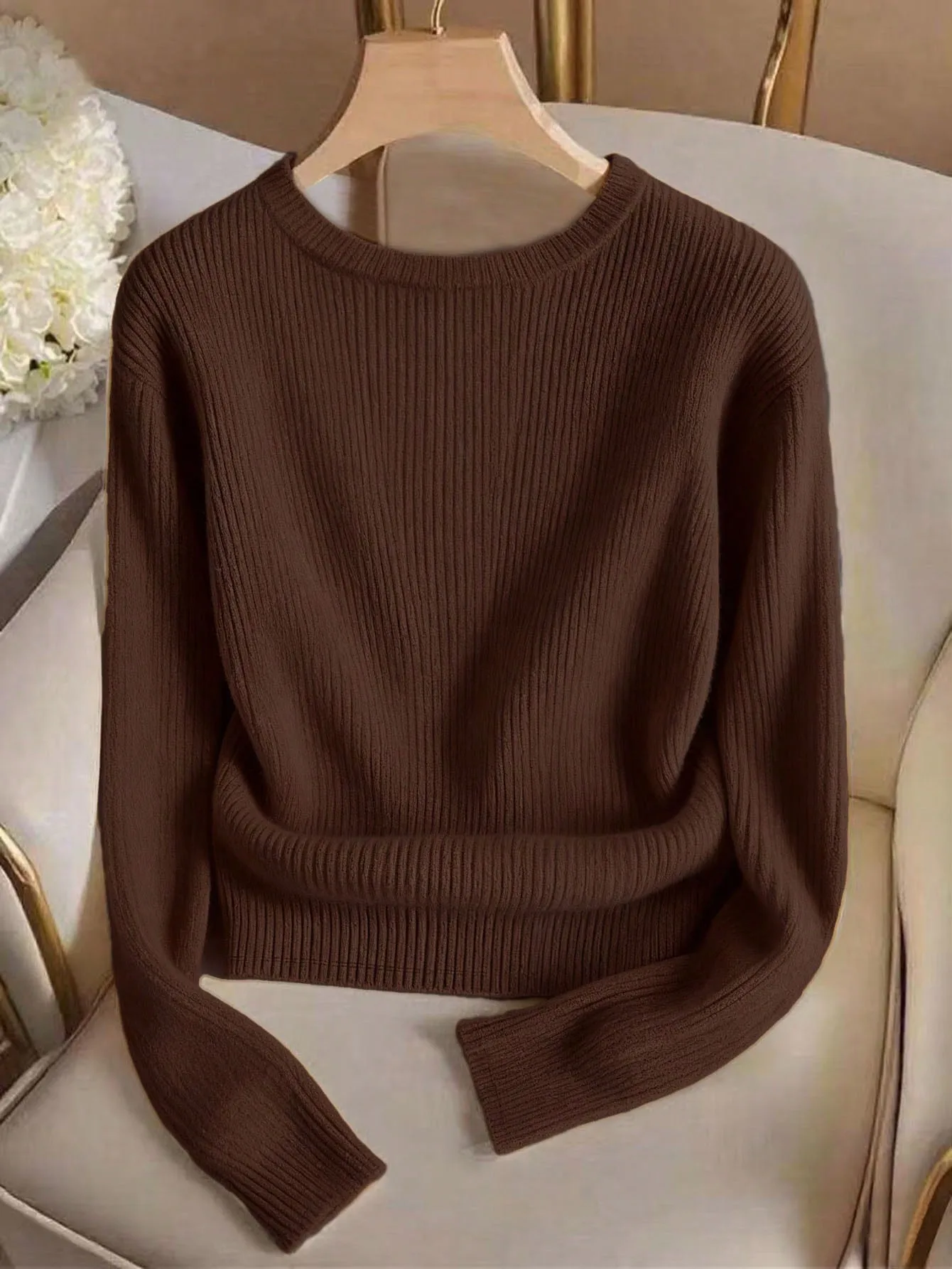 Elegant Solid Color Long Sleeve Polyester Pullover Knitted Women's T-Shirt