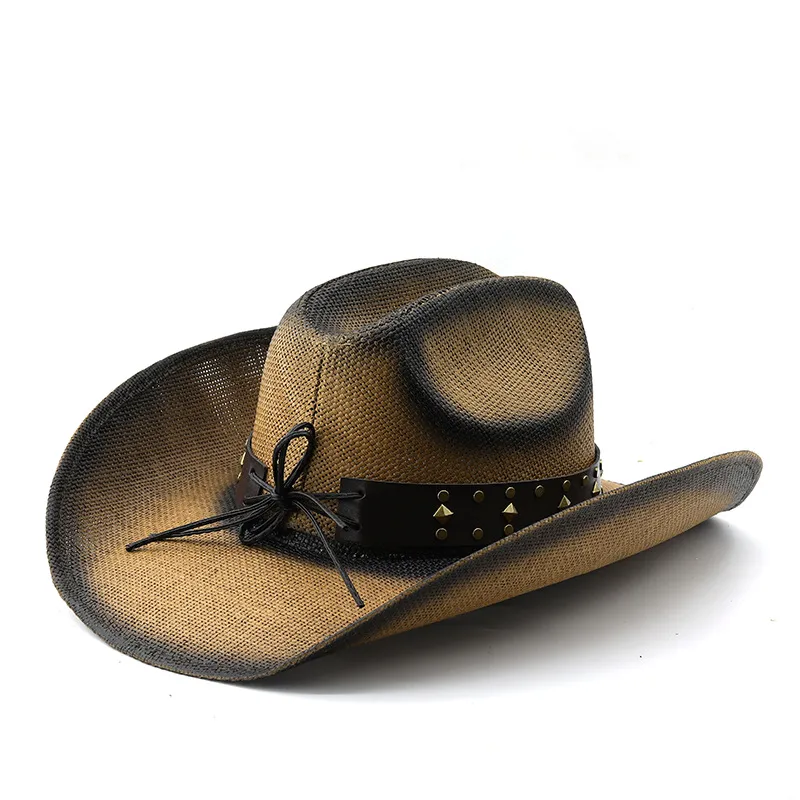 Unisex Cowboy Style Cattle Straw Hat with Flat Brim, Breathable Design in Polyester Material