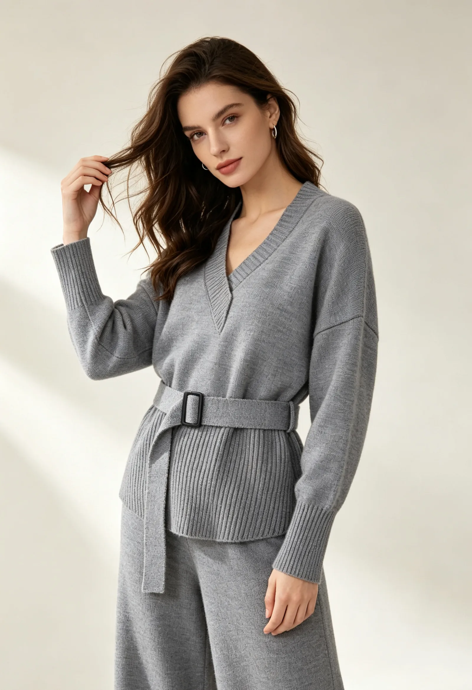 Streetwear Pant Co-ord Set in Knit Fabric with Belt, featuring V Neck and Long Sleeve, Full Length Pants with Stretchy Fit