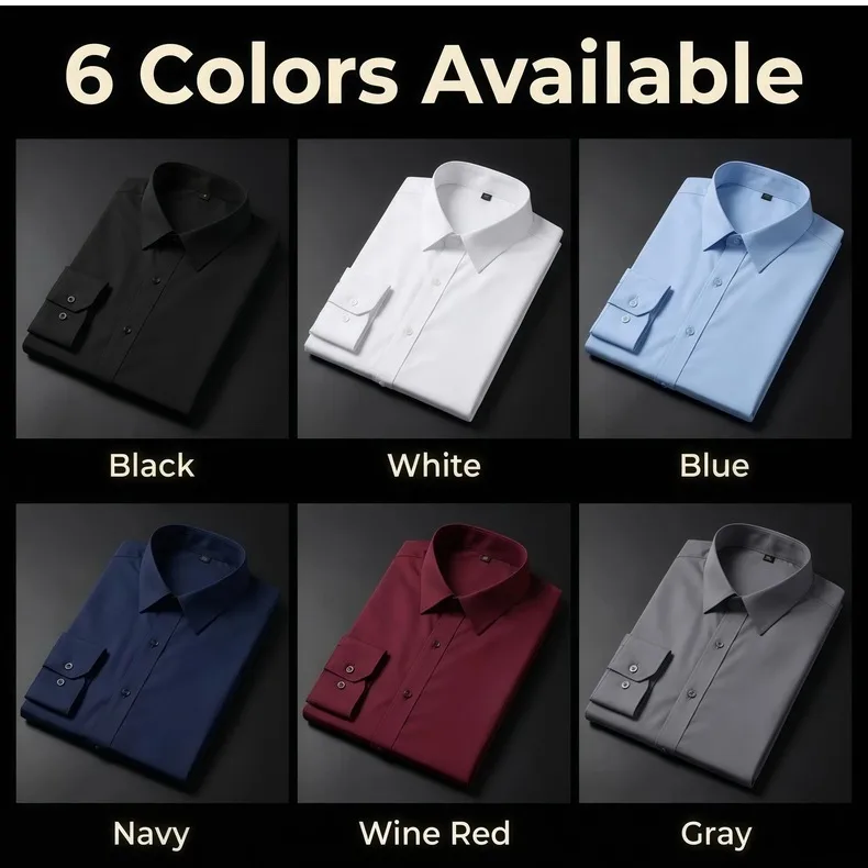 Solid Color Business Long Sleeve Men's Shirt in Polyester Fabric with Lapel Collar and Placket Front