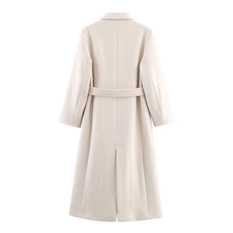 Elegant Woolen Coat for Women with Tie Placket, Polyester Fabric, Belt Detail, Lapel Collar, and Long Sleeves