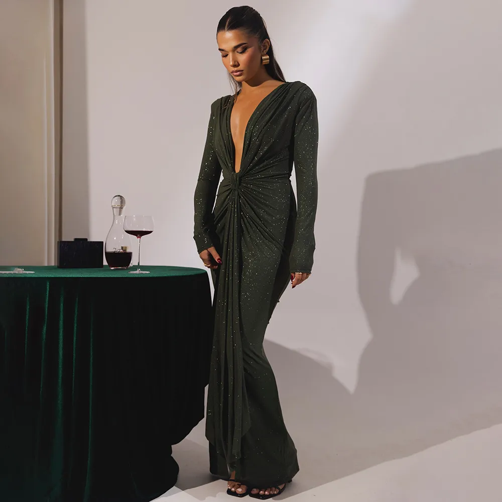 Solid Color Bodycon Dress with Deep V Neckline and Long Sleeves in Polyester Maxi Long Dress for Streetwear