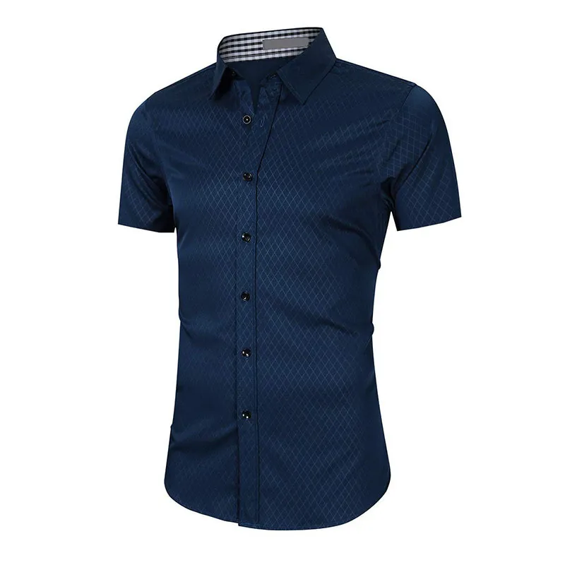 Plaid Business Short Sleeve Men's Shirt in Polyester Fabric with Lapel Collar and Placket