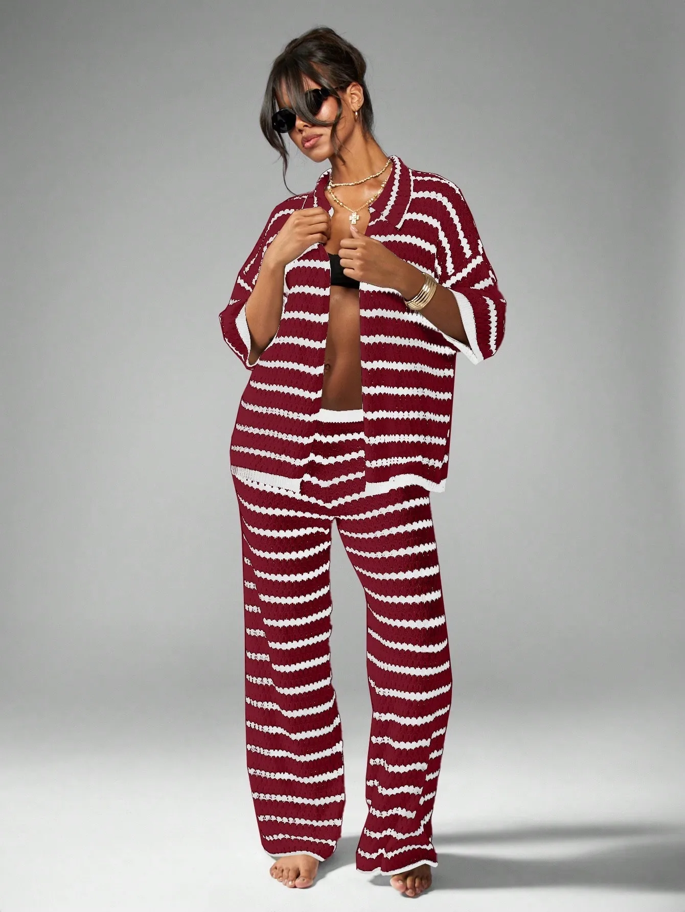 Vacation Stripe Casual Pants Pant Co-ord Set in Knitted Fabric with Hollow Out Craft for Street Style