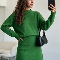 Elegant Solid Color Skirt Co-ord Set in Knitted Acrylic with Long Sleeve, 2 Pieces Set