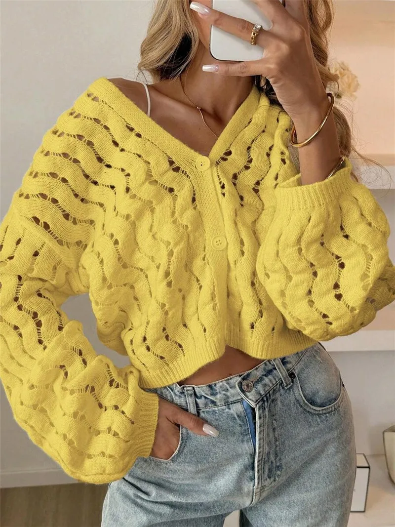 Solid Color Casual Acrylic Sweater with Long Sleeve, V Neck and Single Breasted Design