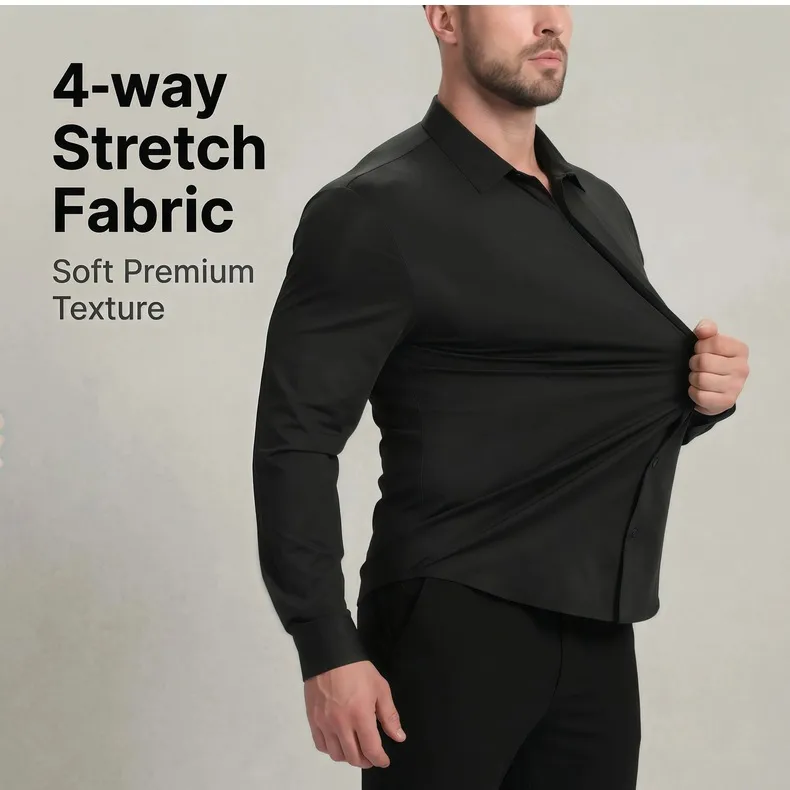 Solid Color Business Long Sleeve Men's Shirt in Polyester Fabric with Lapel Collar and Placket Front