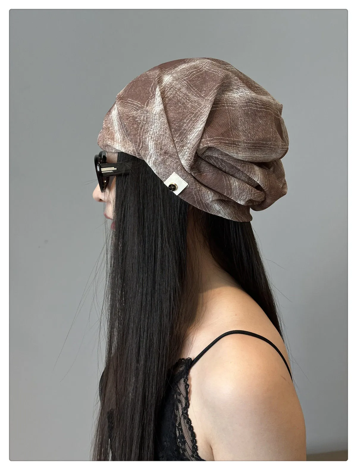 Retro Plaid Breathable Brimless Beanie Hat for Women in Polyester Fabric