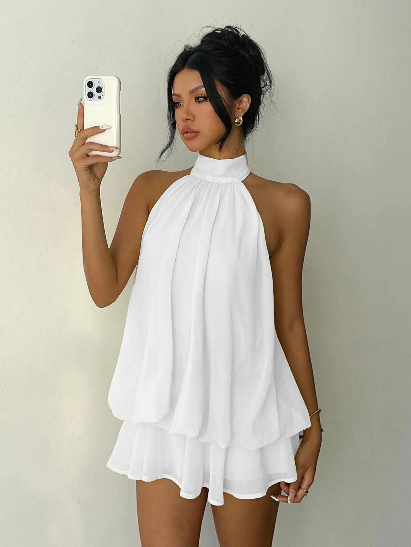 Solid Color Sleeveless Halter Neck Tea Dress in Polyester Fabric, Above Knee Length, Vacation Style