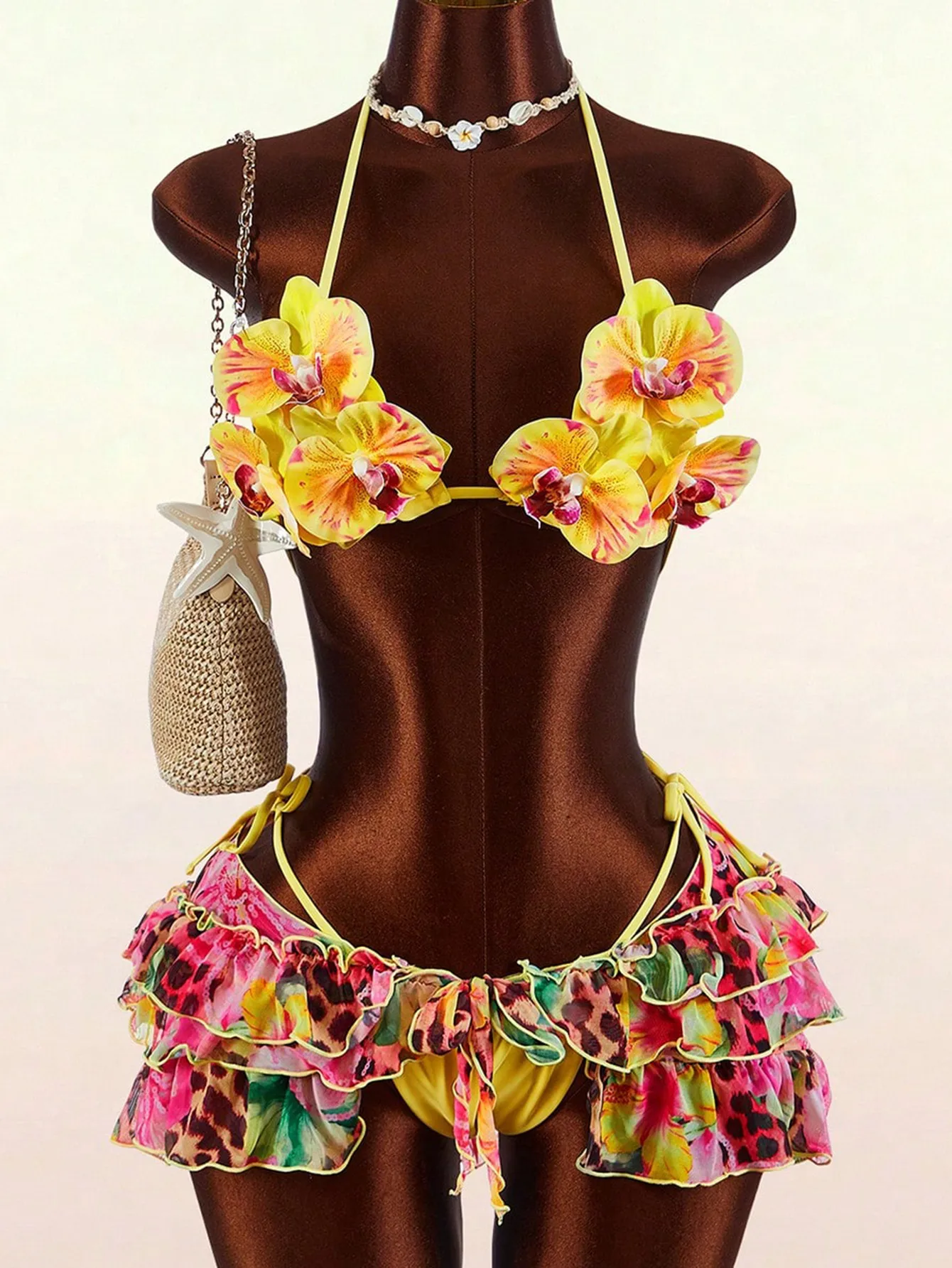 Women's Flowers Three-Piece Swimwear Set Featuring Natural Pink Tie Closure Split Swimsuit with Printed Polyester Fabric