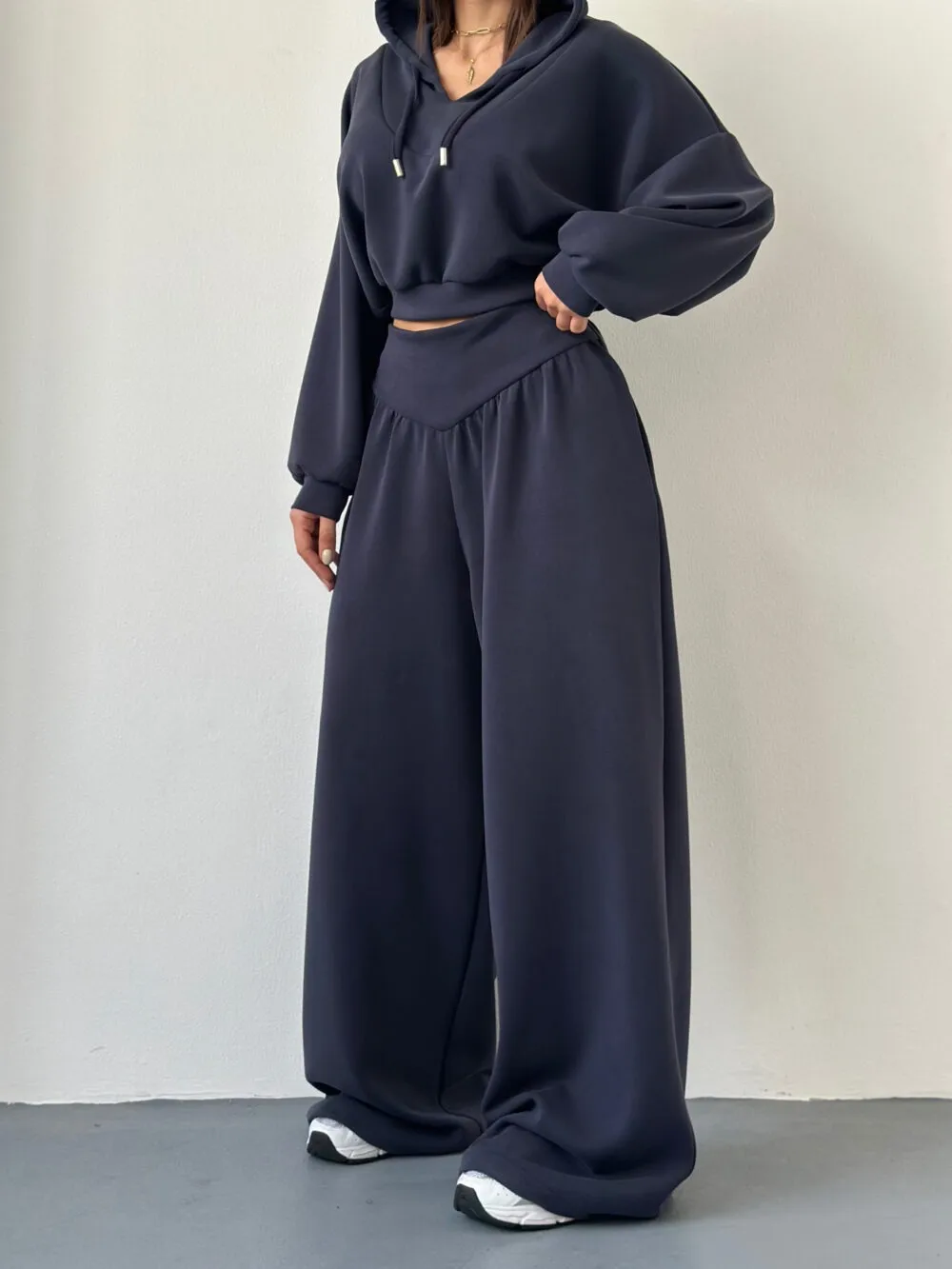 Solid Color Pant Co-ord Set, Casual Style, Cotton Polyester, V Neck, Long Sleeve, 2 Pieces