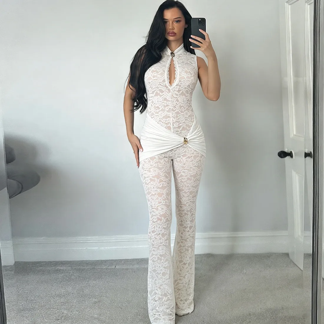 Sexy Lace Full Length Jumpsuit for Women in Polyester Fabric Featuring Elegant Lace Craft with Micro-Elastic Comfort