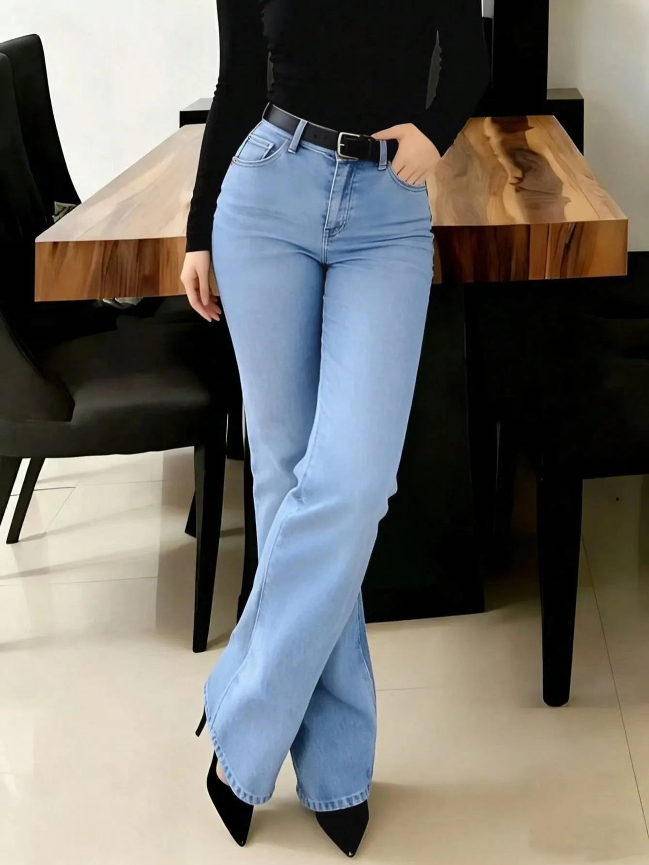 Solid Color Full Length Jeans for Office in Denim Cotton Fabric with Washed Craft and Micro-Elastic Stretch
