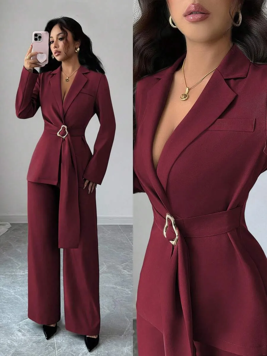Elegant Wide Leg Pants Co-ord Set in Solid Color Polyester Featuring Patchwork, Casual 2 Pieces Set