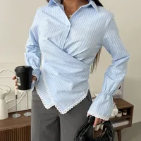 Stripe Long Sleeve Streetwear Cotton Shirt for Women Featuring Criss Cross Craft and Single Breasted Design