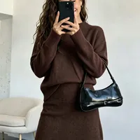 Elegant Solid Color Skirt Co-ord Set in Knitted Acrylic with Long Sleeve, 2 Pieces Set