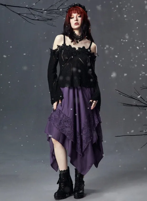 Lace Floral Gothic Midi Dress with Irregular Skirt