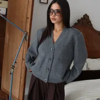 Solid Color Casual Long Sleeve Knit Sweater for Women Featuring Knitted Craft and Single Breasted Design