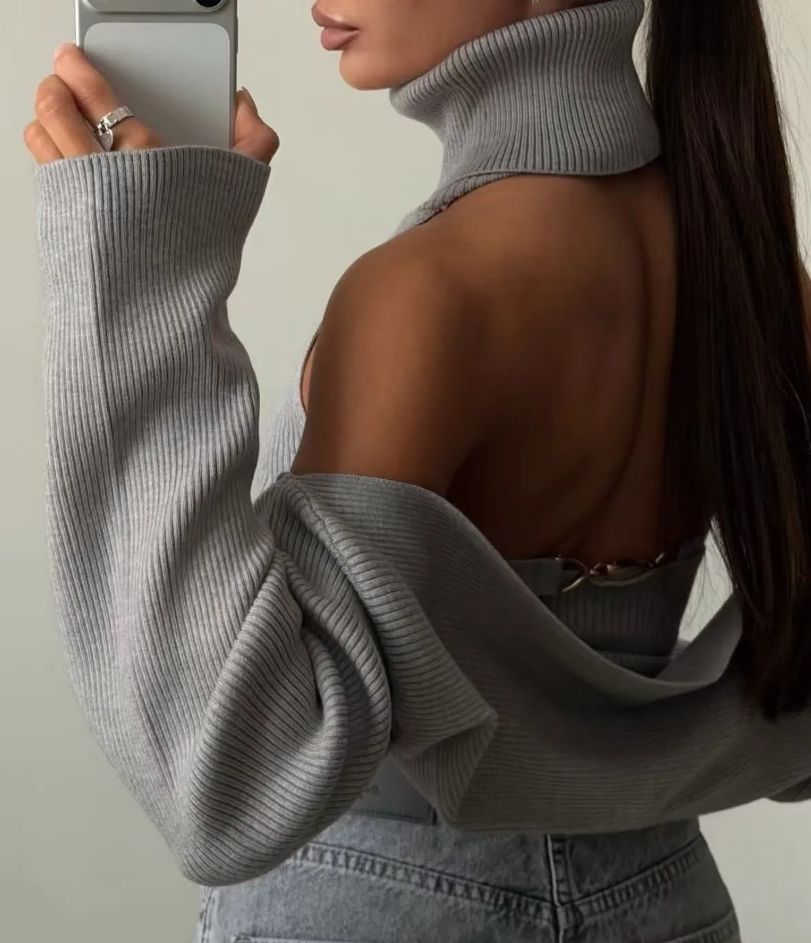 Long Sleeve Acrylic Sweater with Turtleneck, Knitted Craft, Regular Sleeve, 2 Pieces Set