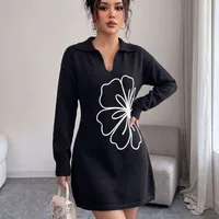 Casual Flowers Sheath Dress with Long Sleeve and Shirt Collar in Knit Fabric for Business
