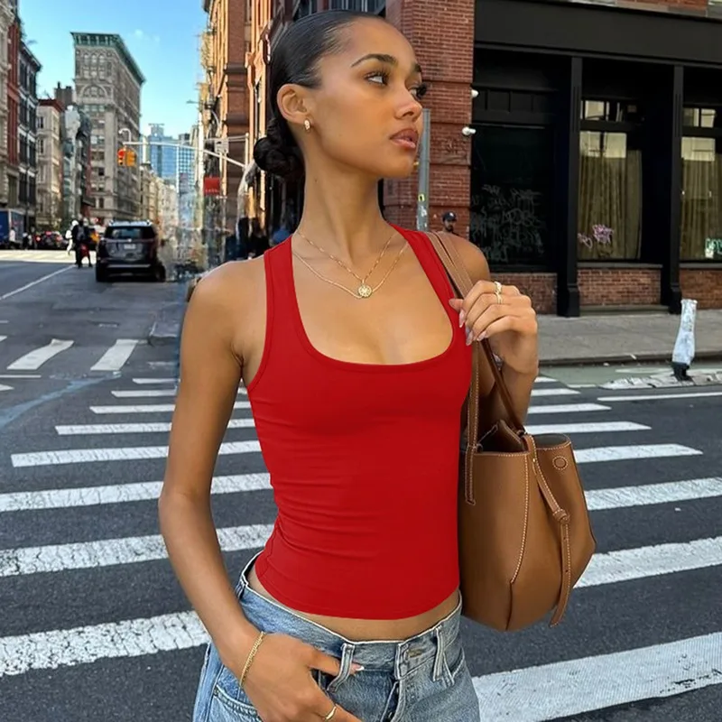 Sexy Solid Color Polyester Vest with Strap Neck, Summer Small Vest Top