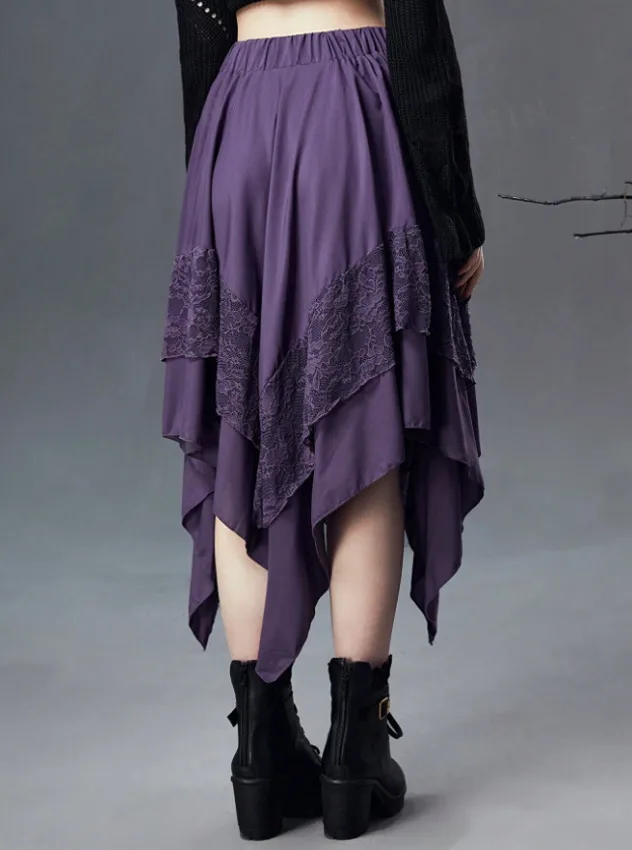 Lace Floral Gothic Midi Dress with Irregular Skirt