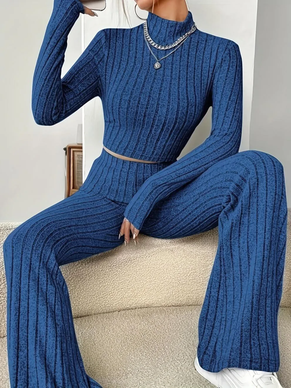Women’s Stripe Pant Co-ord Set in Polyester with Turtleneck, Streetwear Style for Daily Wear, 2 Pieces Set