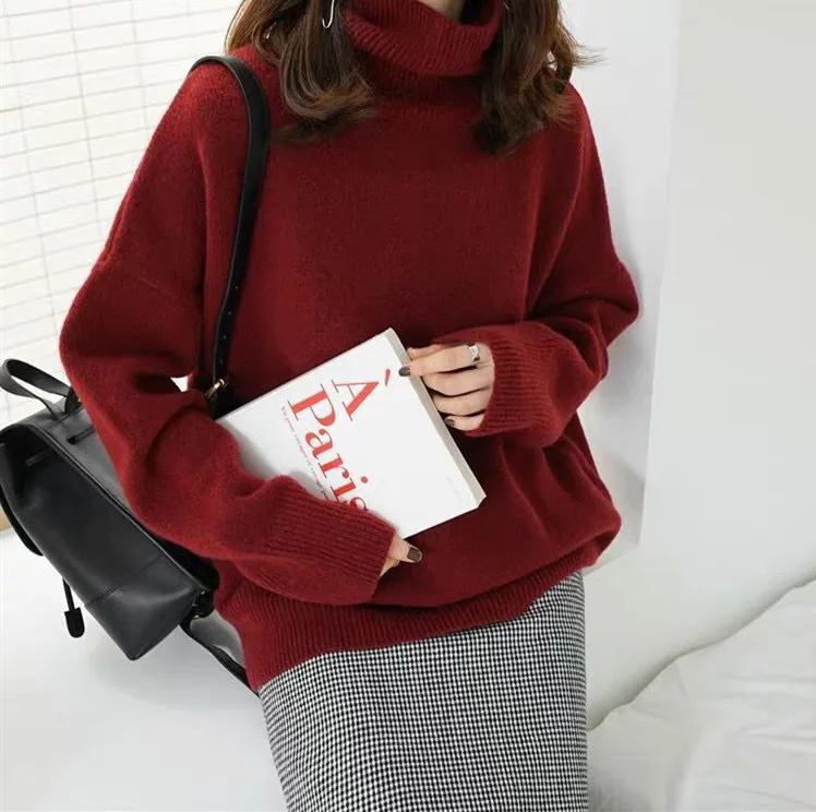Loose Turtleneck Long Sleeve Solid Color Acrylic Sweater for Women