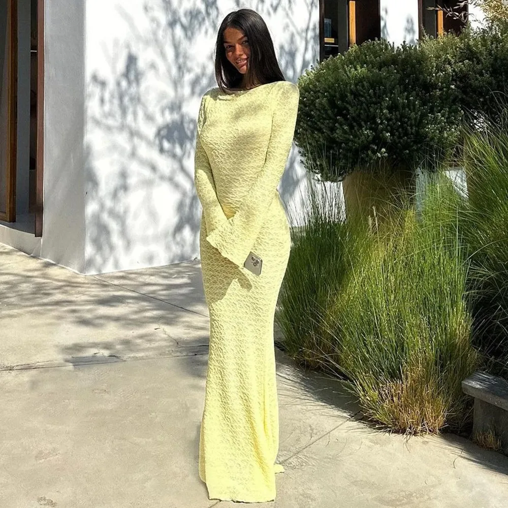Solid Color Long Sleeve Sheath Dress with Round Neck in Polyester Spandex, Casual Maxi Long Dress