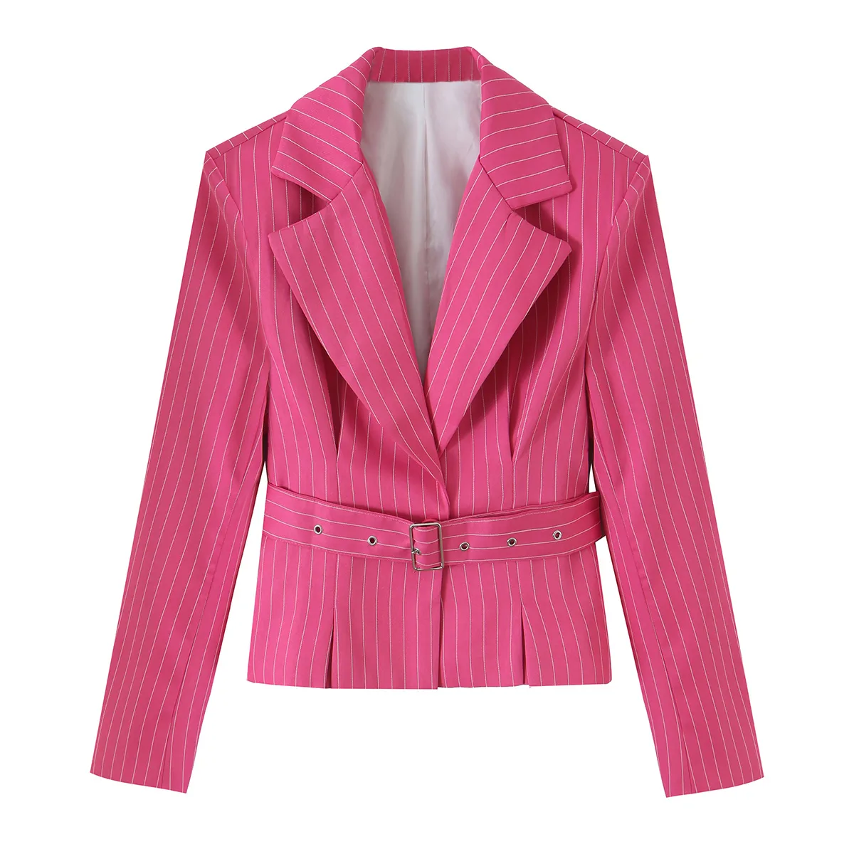 Stripe Long Sleeve Streetwear Polyester Blazer with Button Craft and Lapel Collar