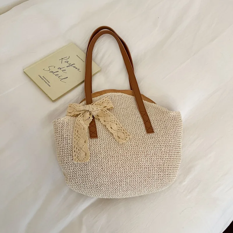 Solid Color Straw Bucket Bag for Women with Braid Detail, Perfect Summer Shoulder Bag