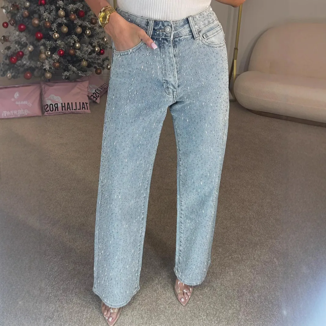 Sexy Crystal Straight Full Length Pants for Women in Denim Cotton with Rhinestones and High Elasticity