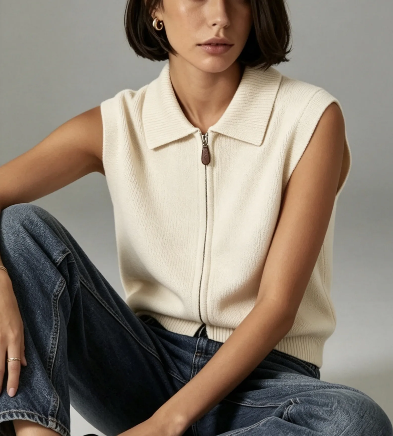 Solid Color Sleeveless Casual Knit Vest for Women with Zipper Closure