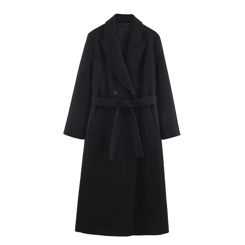 Elegant Woolen Coat for Women with Tie Placket, Polyester Fabric, Belt Detail, Lapel Collar, and Long Sleeves