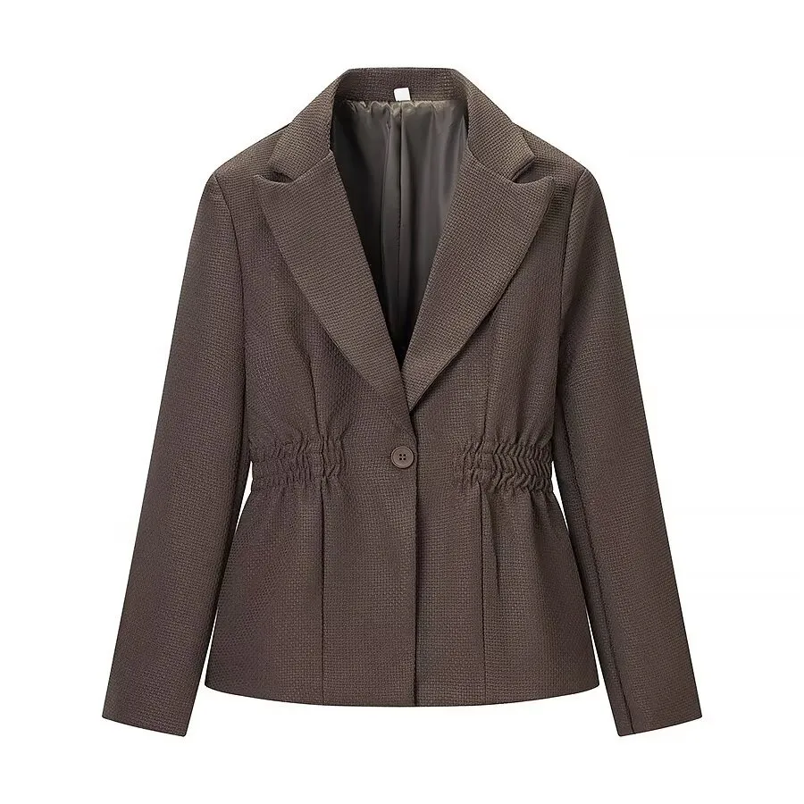 Solid Color Simple Style Long Sleeve Polyester Blazer with Folds and Single Breasted Closure