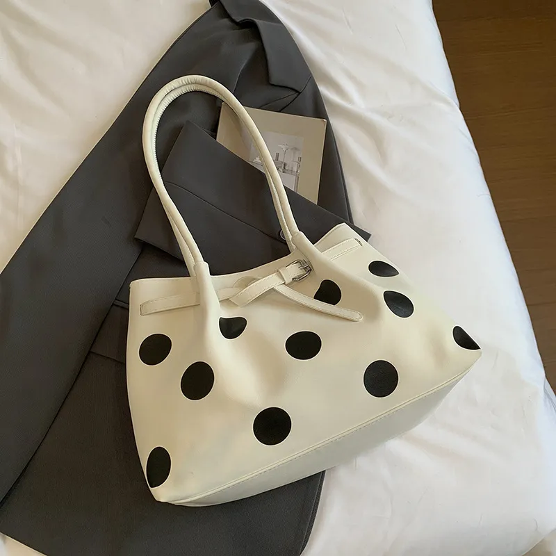 Women’s Square Tote Bag Featuring Polka Dots and Sewing Thread Detail, Made of PU Leather, Ideal for Autumn