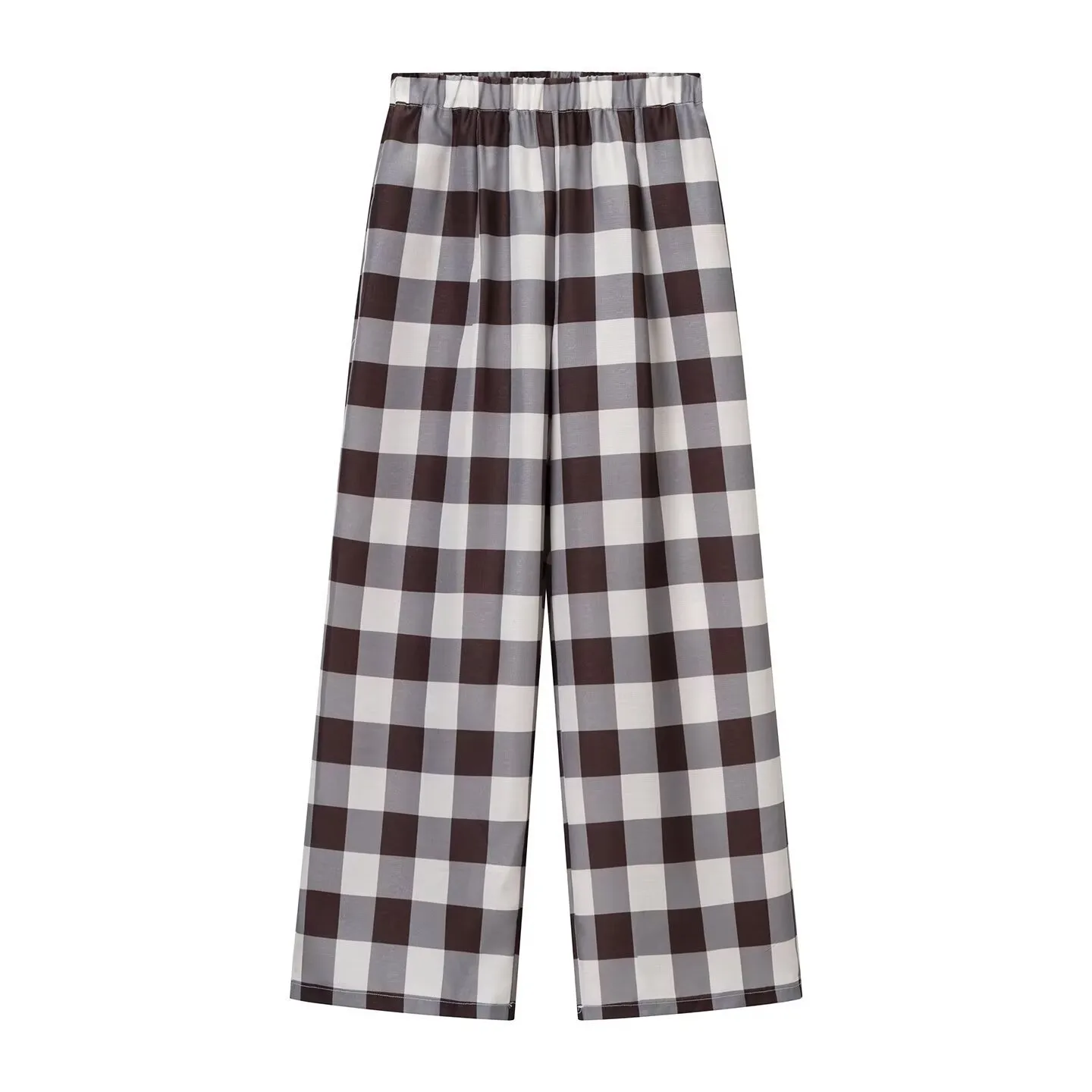 Plaid Wide Leg Full Length Casual Pants in Polyester with Contrast Collar for Streetwear