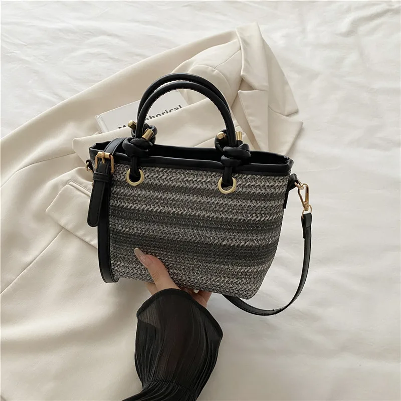 Small Straw Bucket Bag with Zipper and Braid Detail